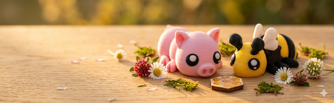 Buzzly die Biene und Rosalie das Schweinchen – die ersten Flexi-Figuren von druckpunkt