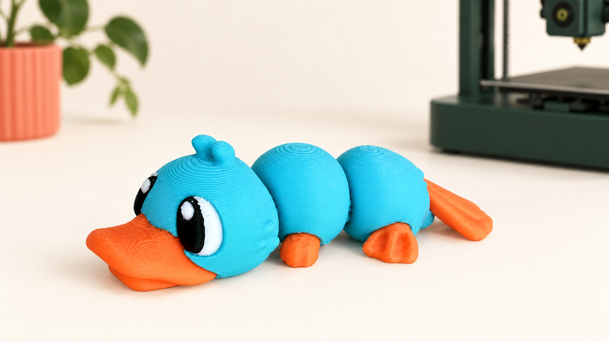 Perry, die bewegliche 3D-gedruckte Ente, zeigt die gelenkige Flexi-Bauweise