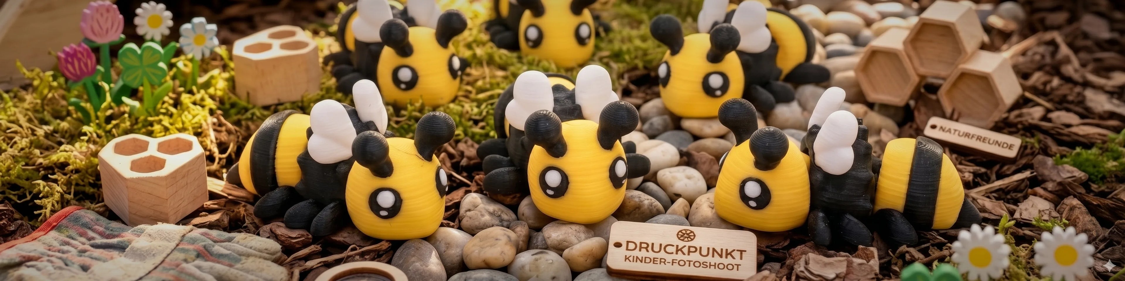 druckpunkt Banner – Buzzly und Rosalie, gelenkige 3D-gedruckte Figuren