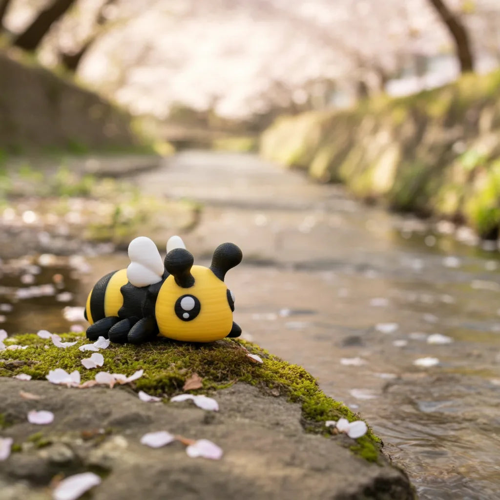 Buzzly – 3D-gedruckte Biene, Lifestyle-Foto mit Insektenhotel und Kamillenblüten