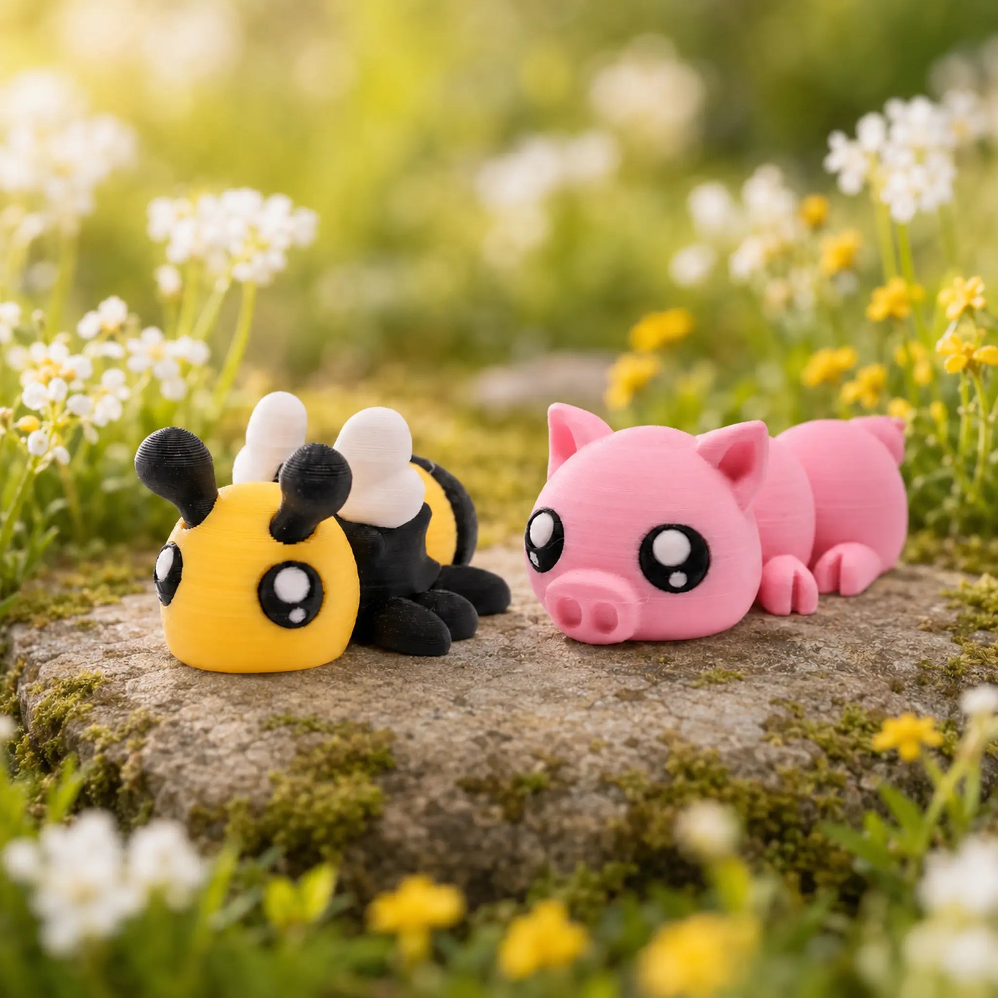 Buzzly und Rosalie – bewegliche 3D-gedruckte Figuren gemeinsam auf einer Blumenwiese