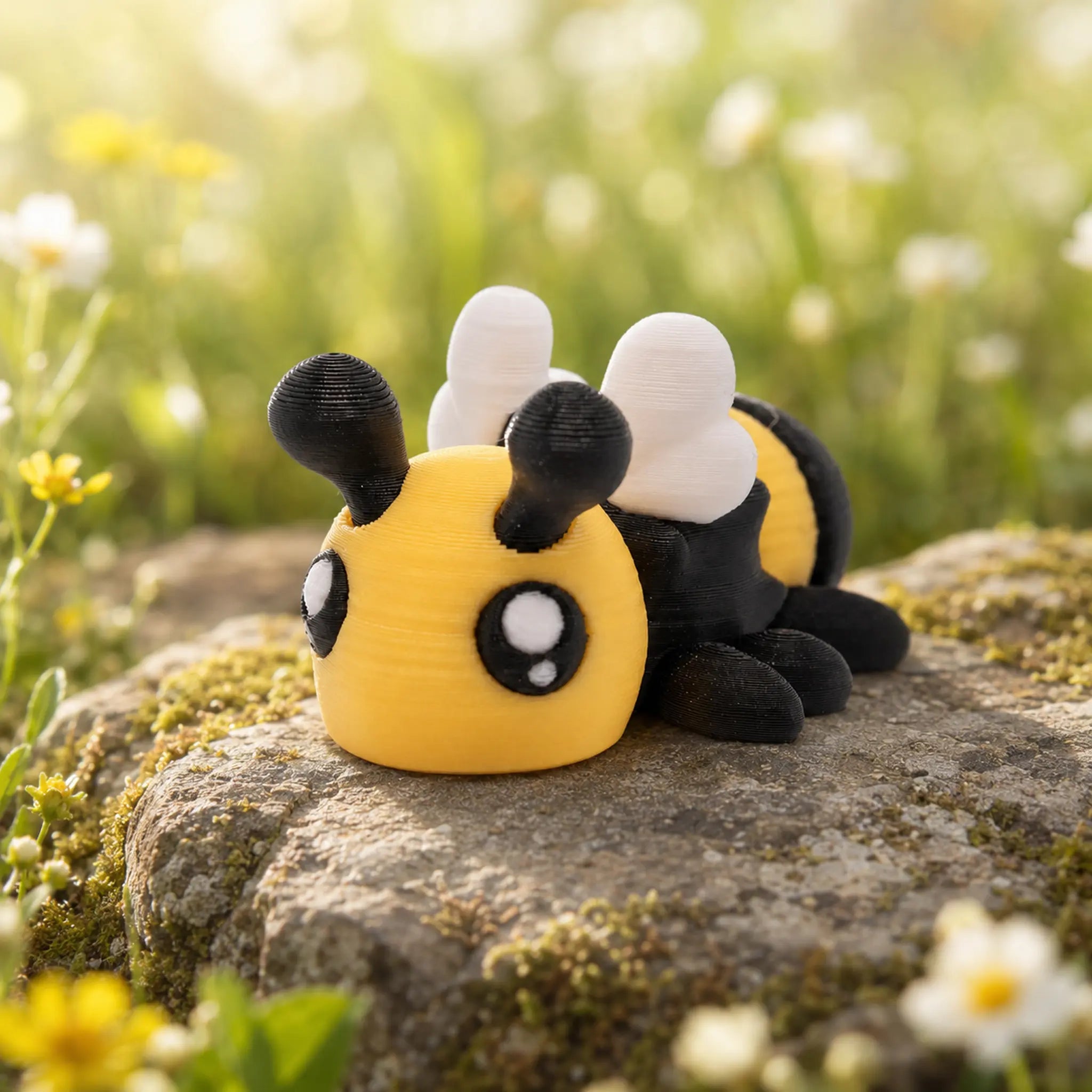 Buzzly – bewegliche 3D-gedruckte Biene auf einer sonnigen Blumenwiese