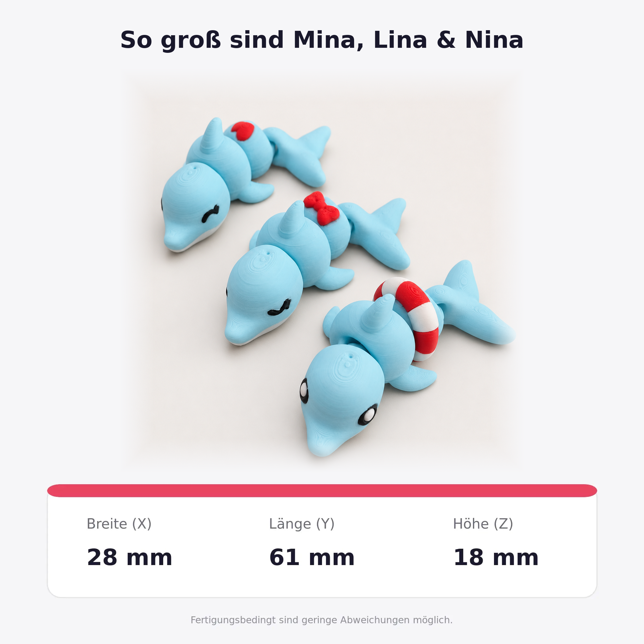 Delfin-Schwestern 3er-Set – Abmessungen je Figur: Breite 28 mm, Länge 61 mm und Höhe 18 mm