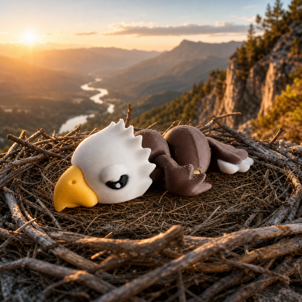 Eddy – gelenkiger 3D-gedruckter Adler von druckpunkt in einem Adlerhorst über einem Bergtal