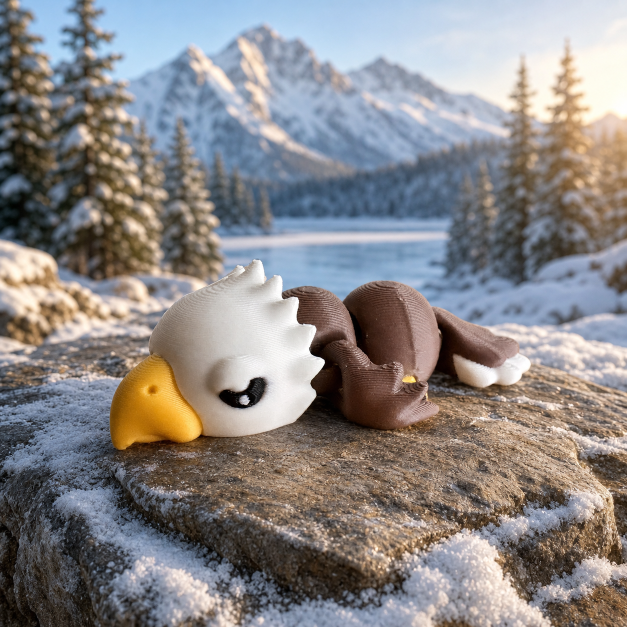 Eddy – gelenkiger 3D-gedruckter Adler von druckpunkt vor verschneitem Bergsee und Winterwald