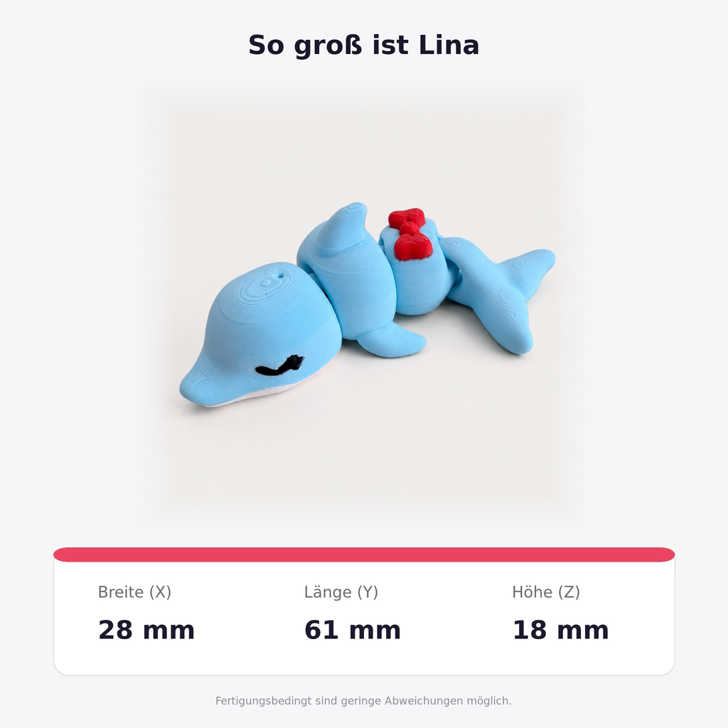 Lina der Delfin – Abmessungen Breite 28 mm, Länge 61 mm und Höhe 18 mm