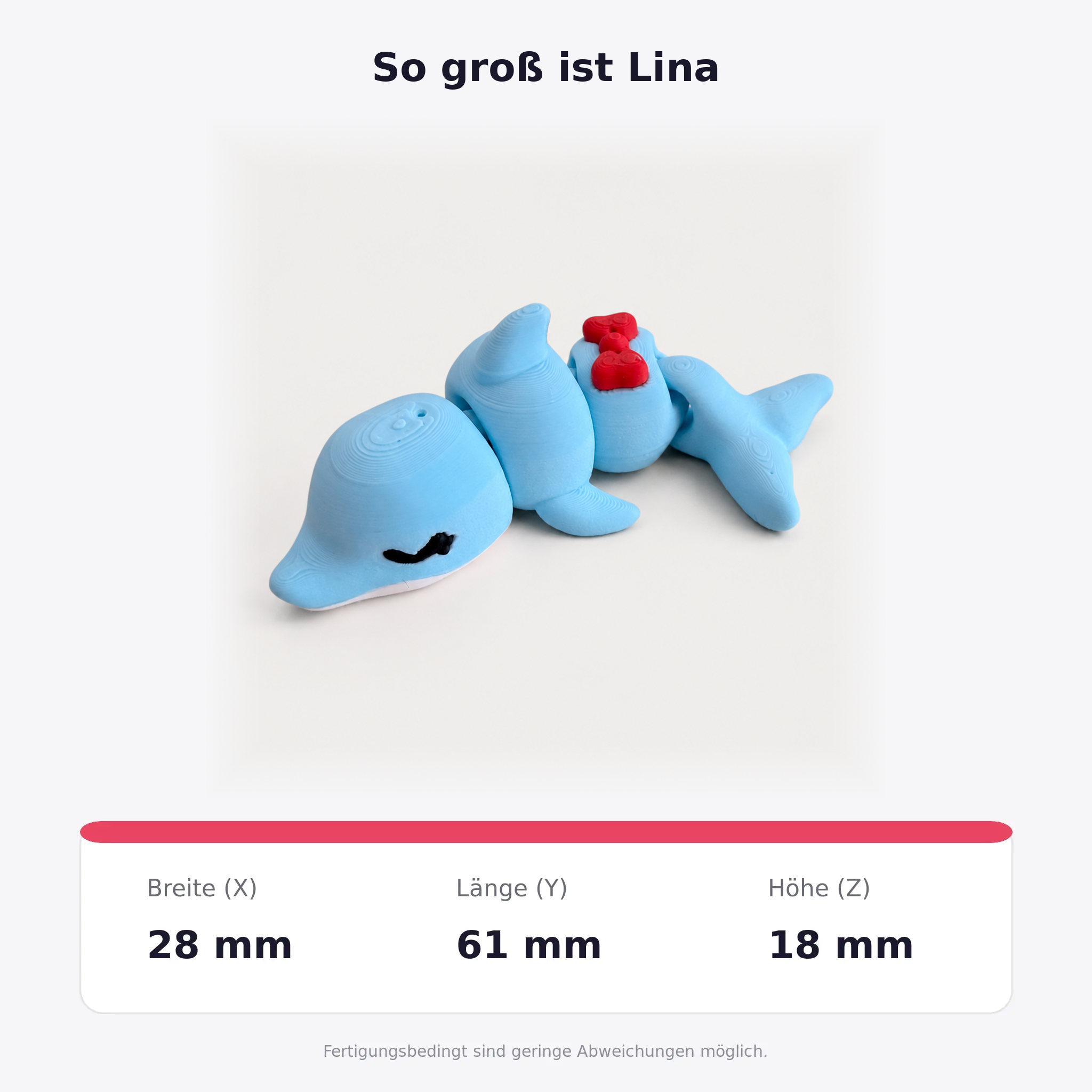 Lina der Delfin – Abmessungen Breite 28 mm, Länge 61 mm und Höhe 18 mm