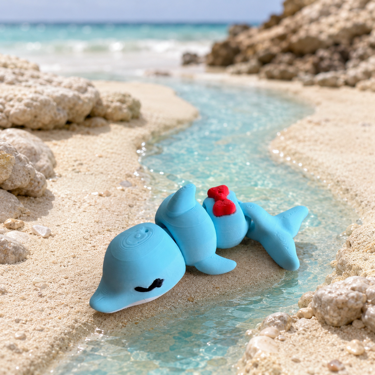 Lina der Delfin – bewegliche Flexi-Figur an einem türkisfarbenen Gezeitenlauf