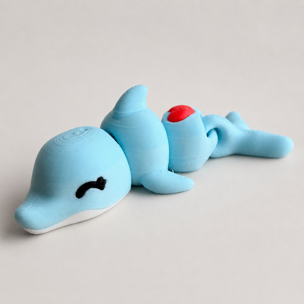 Mina der Delfin – Detailansicht mit rotem Herz, Gelenken und sichtbarer 3D-Druckstruktur