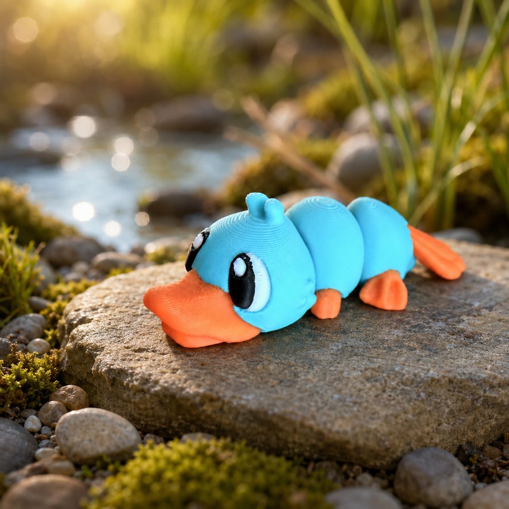 Perry – Variante: Ohne Hut – gelenkige 3D-gedruckte Ente am Flussufer