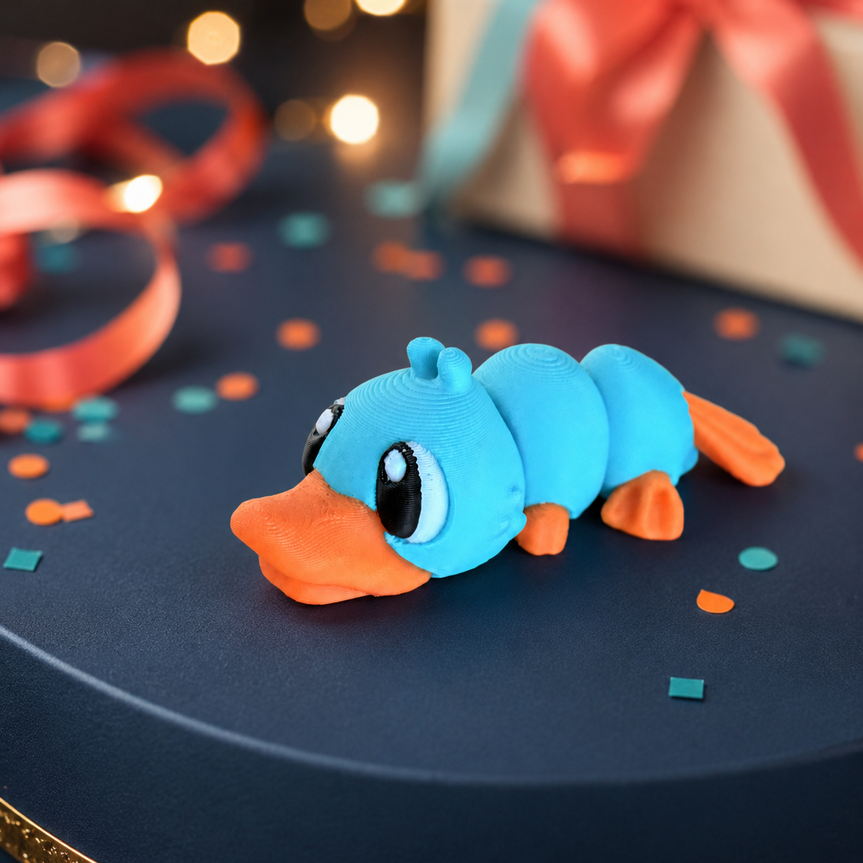 Perry – Variante: Ohne Hut – gelenkige 3D-gedruckte Ente in einer festlichen Geschenk-Kulisse
