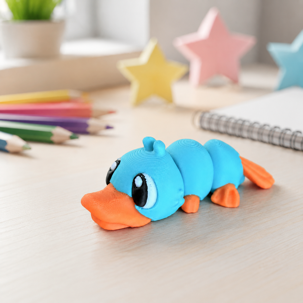 Perry – Variante: Ohne Hut – gelenkige 3D-gedruckte Ente auf einem kreativen Kinderschreibtisch